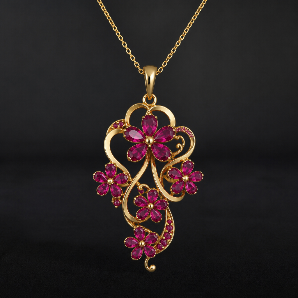 A romantic women's necklace made of gold with ruby stones suitable for formal. ဤပုံပါ ကျောက်ပွင့်ခြောက်ပွင့်ကို ခေတ်မှီမော်ဒန်ဒီဇိုင်း ဆွဲသီးပုံစံ ဖန်တီးပြုလုပ်ပေးပါ။ပုံထုတ်မည်။
photorealistic jewelry design, A romantic women's necklace made of gold with ruby stones suitable for formal. ဤပုံပါ ကျောက်ပွင့်ခြောက်ပွင့်ကို ခေတ်မှီမော်ဒန်ဒီဇိုင်း ဆွဲသီးပုံစံ ဖန်တီးပြုလုပ်ပေးပါ။ပုံထုတ်မည်။, romantic style, just the design no text