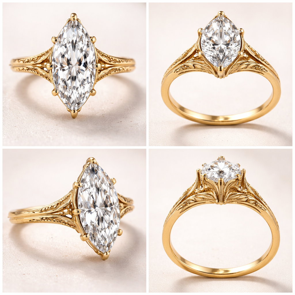 4 carat marquise solitaire ring with 6 prongs, yellow gold, and create a view from different angles