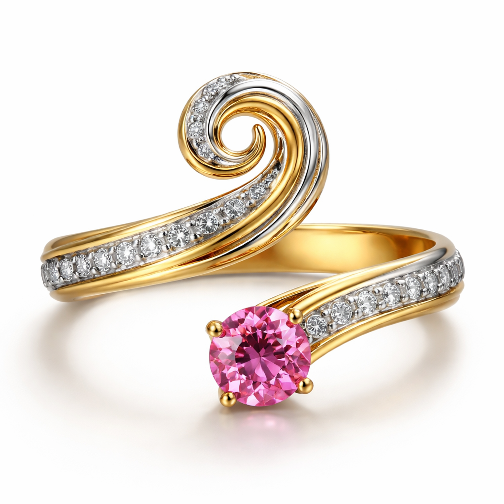 טבעת זהב וכסף מגולגלת ומסולסלת ובסופה אבן חן ורודה