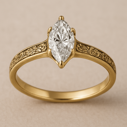 2ct marquise engagement ring with thin gold band that is even in width all the way around. cathedral setting. vintage design on band that subtly includes one carnation and one rose 