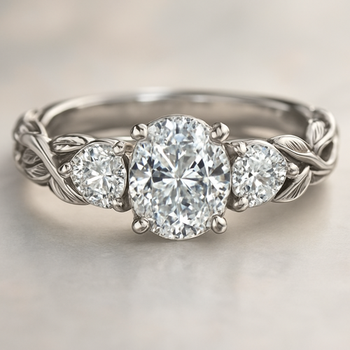 A silver engagement ring that has an oval lab diamond in the center and one on each side of the center one with more leaf design for the band to make it look bigger.  The band needs to have luxury twists design. Make the ring look more enchanting and more expensive.