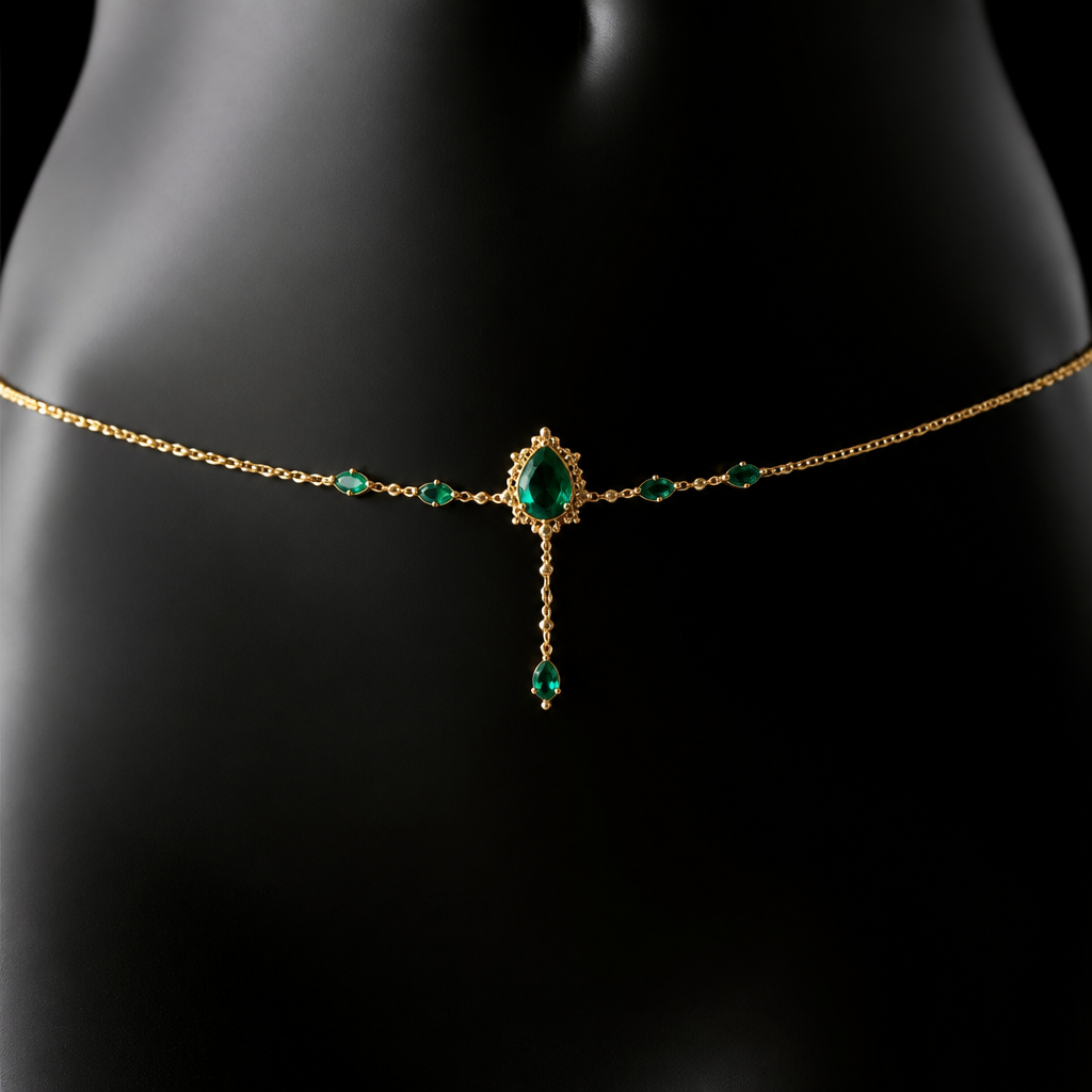 Emerald and gold belly chain
photorealistic jewelry design, Emerald and gold belly chain , just the design no text