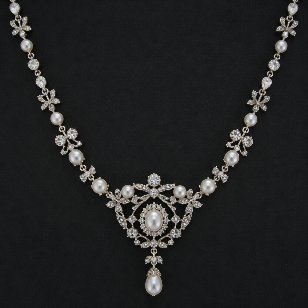 A victorian women's necklace with pearl and diamond stones
photorealistic jewelry design, A victorian women's necklace with pearl and diamond stones, victorian style, just the design no text