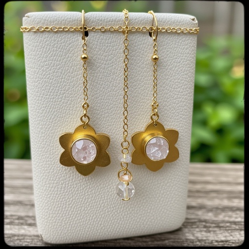 Серьги золото изящный маленький плоский лотос с необработанным маленьким хрусталем в центре, от лотоса идет золотая цепочка вниз с еще одним маленьким камушком хрусталя