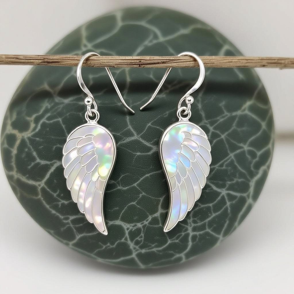Серьги серебряные в виде белого крыла ангела из перламутра 