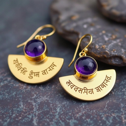 Серьги золотые в форме полукруга, полукруг как продолжение застежки, на полукруге надписи мантрами на санскрите