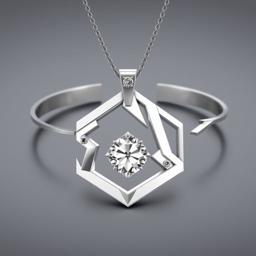 Geomatric modern pendant and bracelete of white diamonds of abstracr and architectural shapes