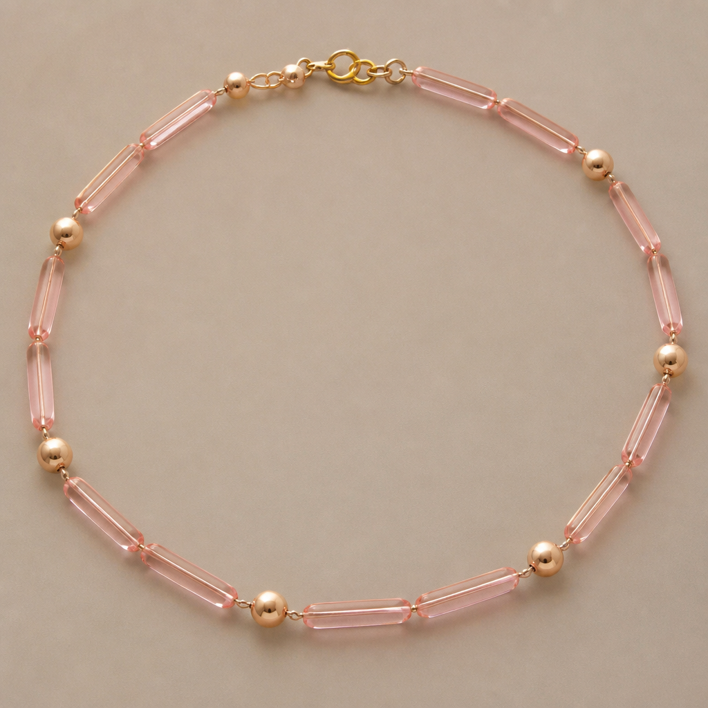 A women's necklace. collar en Murano rosa con perlas de rodio dorado, delicado
photorealistic jewelry design, A women's necklace. collar en Murano rosa con perlas de rodio dorado, delicado, modern style, just the design no text