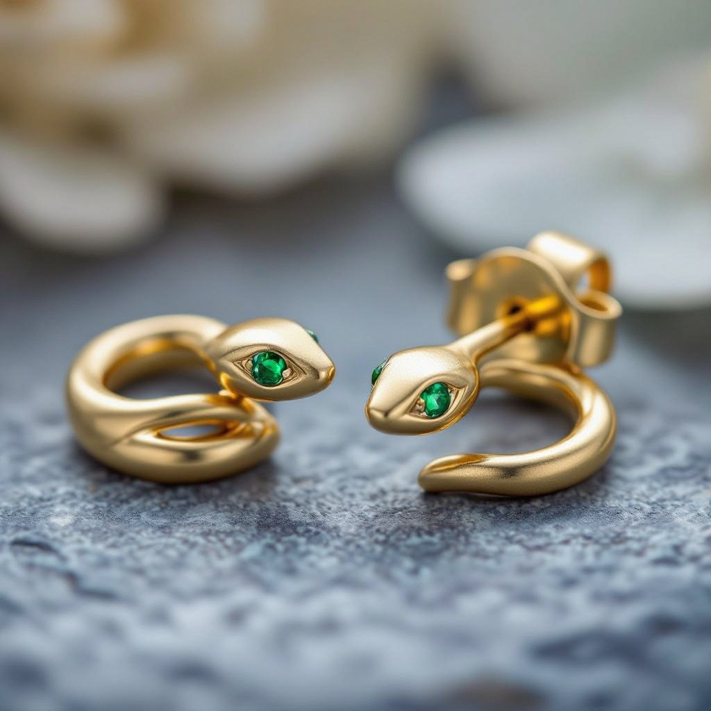 Небольшие золотые матовые серьги в виде символической змеи