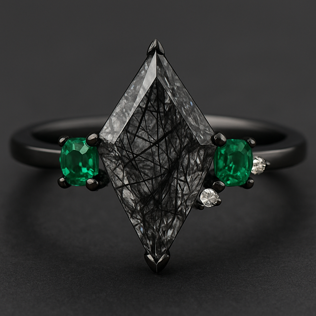 Kite cut Black rutilated quartz with 1 emerald on each side and 2 moissanite accent stones in a cluster on a black band