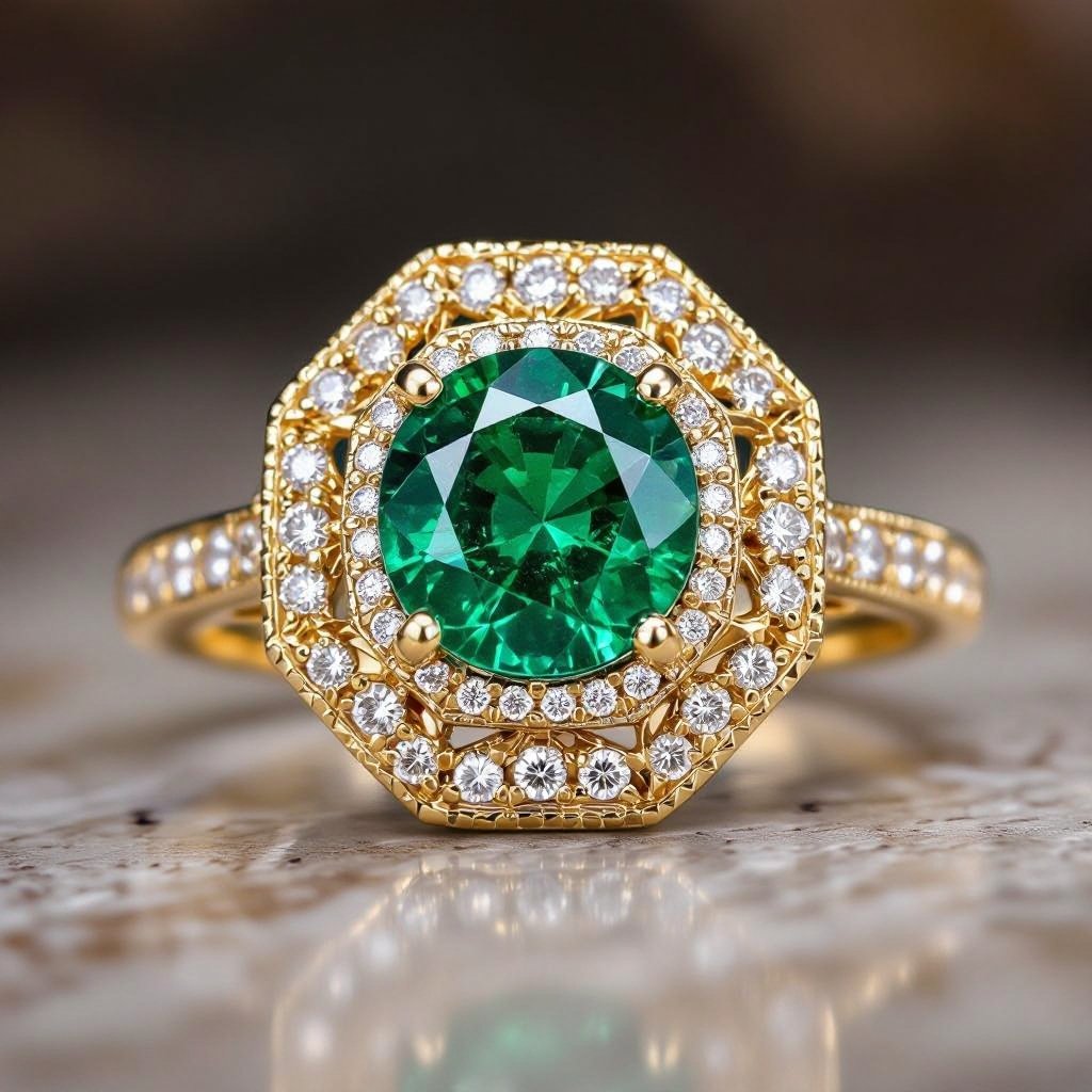 Anillo en oro con esmeralda trapiche redonda y diamantes al rededor que forme un hexágono en el metal