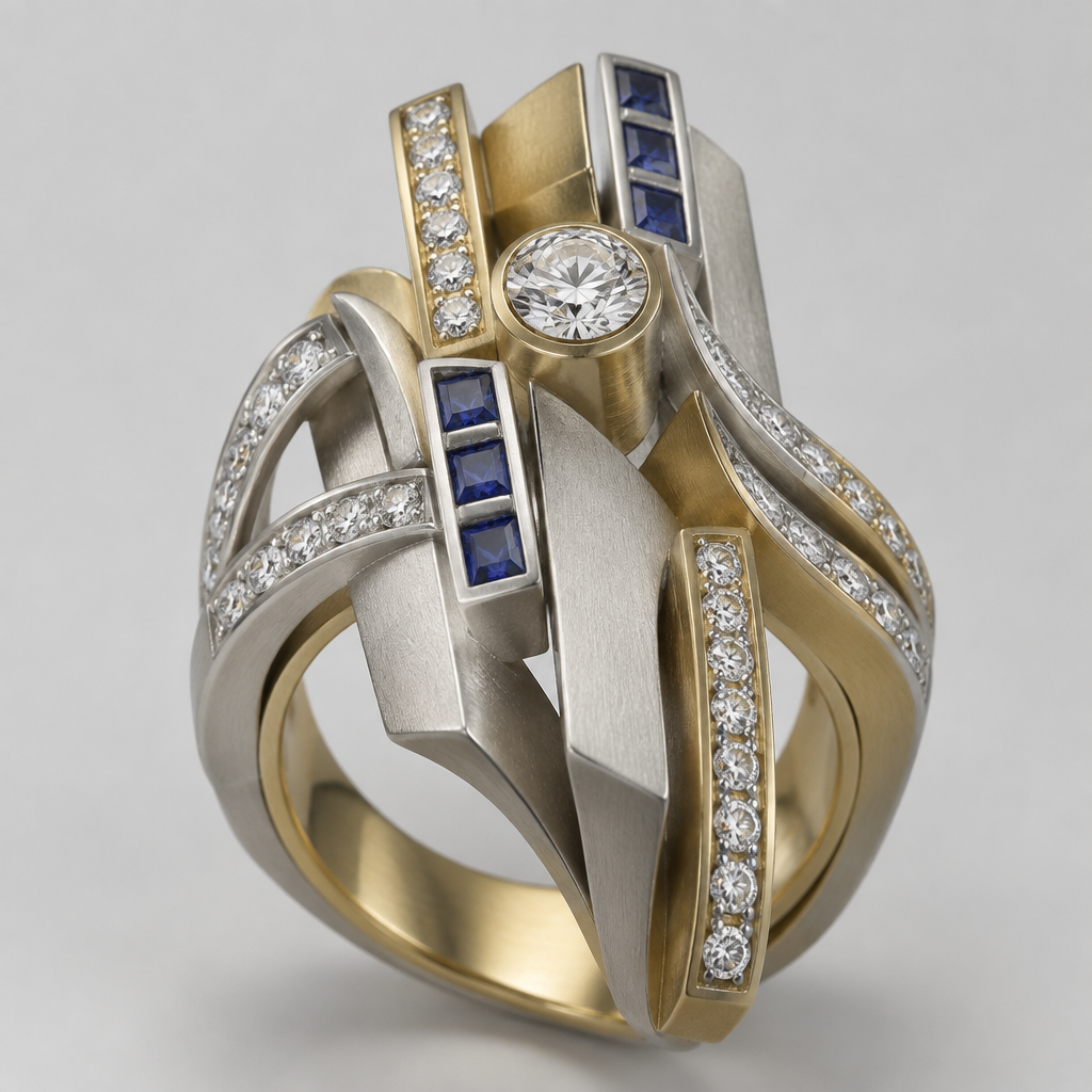 A avant-garde women's ring made of mixed metal with diamond and sapphire stones. design ring using 33 .10 carat diamonds, 7 .10 carat square sapphires, and one .50 carat round diamond. metals should be white and yellow gold with a matte finish. do not cluster gems.
photorealistic jewelry design, A avant-garde women's ring made of mixed metal with diamond and sapphire stones. design ring using 33 .10 carat diamonds, 7 .10 carat square sapphires, and one .50 carat round diamond. metals should be white and yellow gold with a matte finish. do not cluster gems., avant_garde style, just the design no text