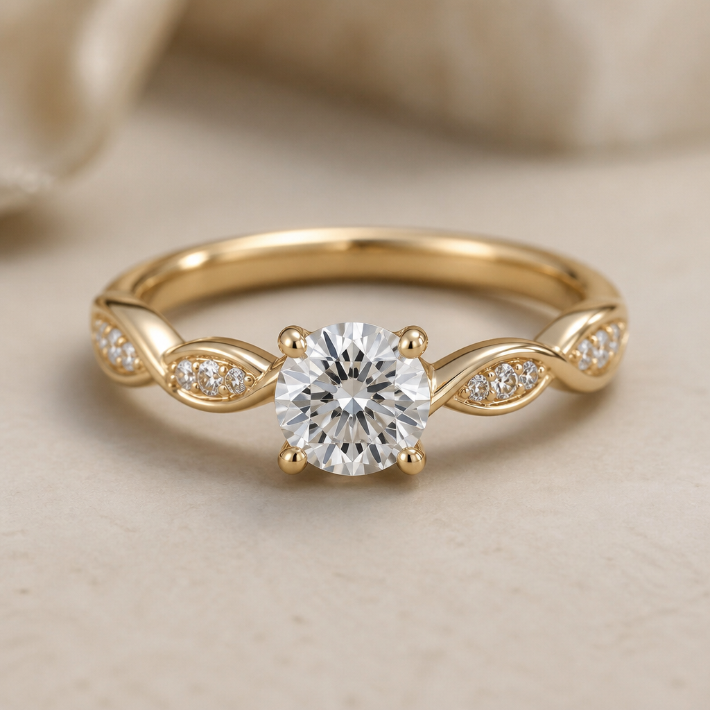 A minimalist women's ring made of gold with diamond stones suitable for engagement, detailed and decorative, moderately ornate. помолвочное кольцо из золота с бриллиантом в 1 карат, аккуратно красивое кольцо