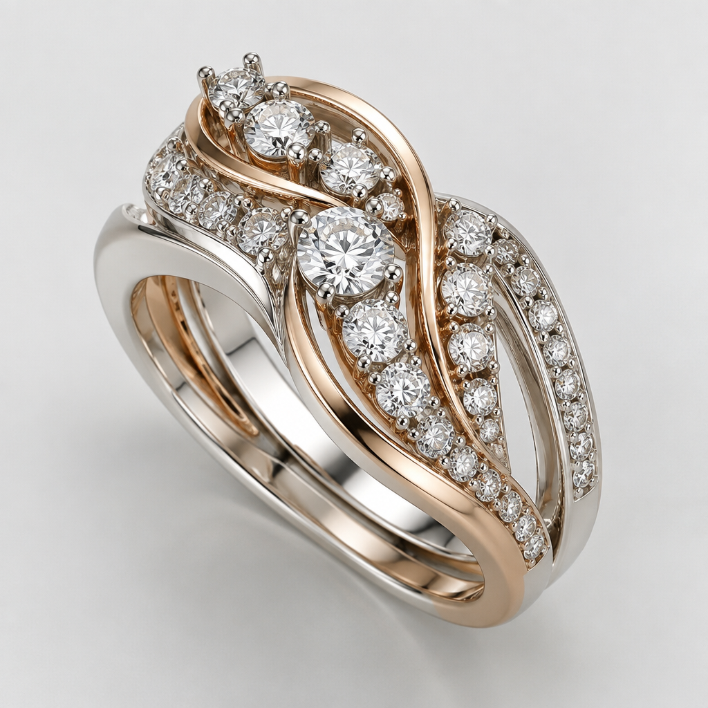 A contemporary women's ring made of mixed metal with diamond stones. 34 diamonds ranging in size, but no larger than .25 of a carat
photorealistic jewelry design, A contemporary women's ring made of mixed metal with diamond stones. 34 diamonds ranging in size, but no larger than .25 of a carat, contemporary style, just the design no text