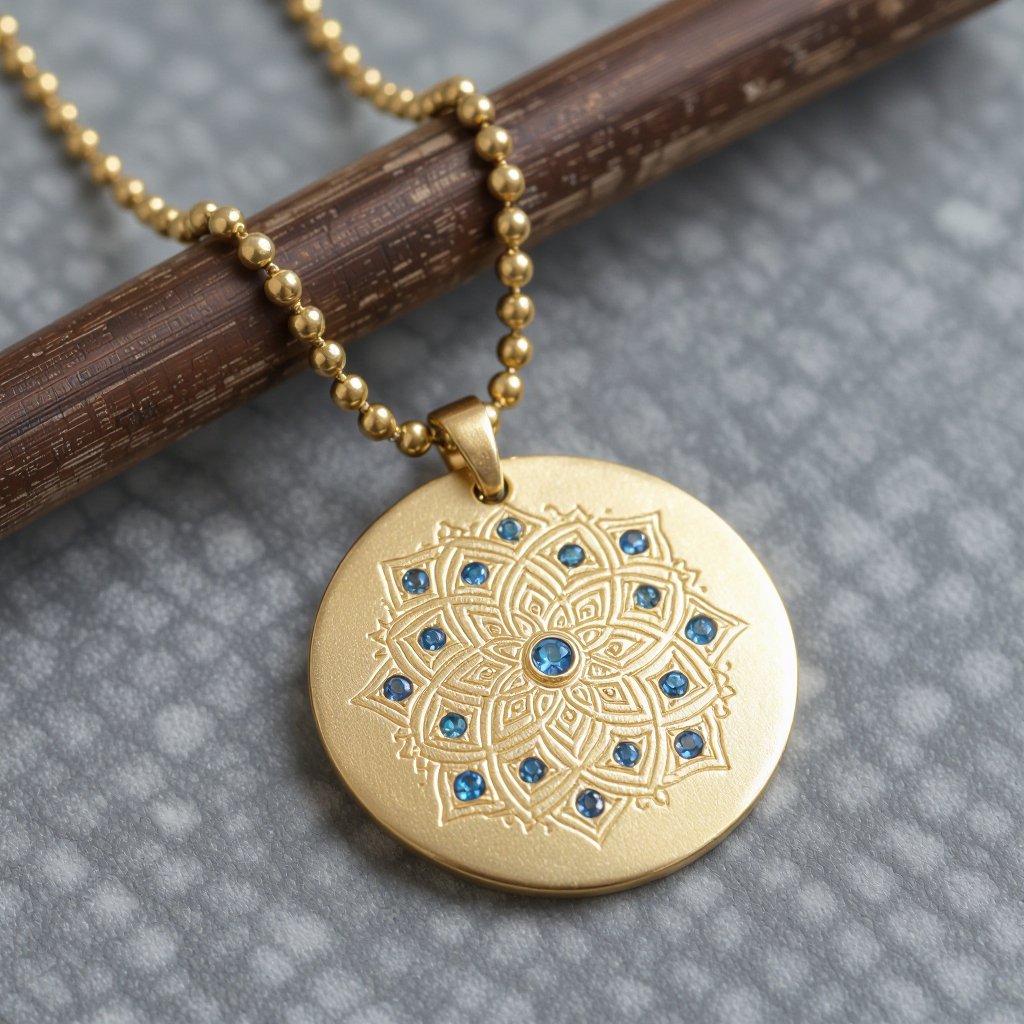Кулон на длинной цепочке. Матовое светлое золото. В цепочке небольшие золотые шарики и синие камушки и жемчуга. Кулон в форме неровного мятого круга. На круге изображена мандала украшена узорами и мелкими камушками 