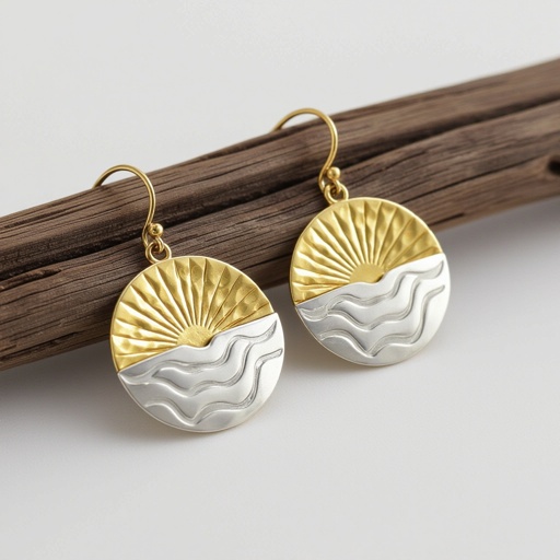 Золотые серьги полукруг половинка горящего солнца мятое неровное золото лучи волнистые другая половинка круга серебряная 