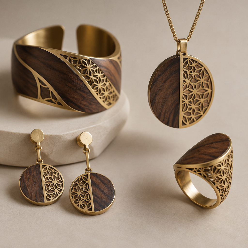 Wood and bronze plated in gold , using traditional motifs and modern silhouettes
photorealistic jewelry design, Wood and bronze plated in gold , using traditional motifs and modern silhouettes
, just the design no text