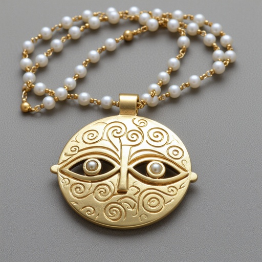 Кулон на длинной цепочке. Матовое светлое золото. В цепочке небольшие золотые шарики и жемчуг. Кулон в форме трех глаз, два горизонтально и один между ними сверху вертикально узоры завитушки 