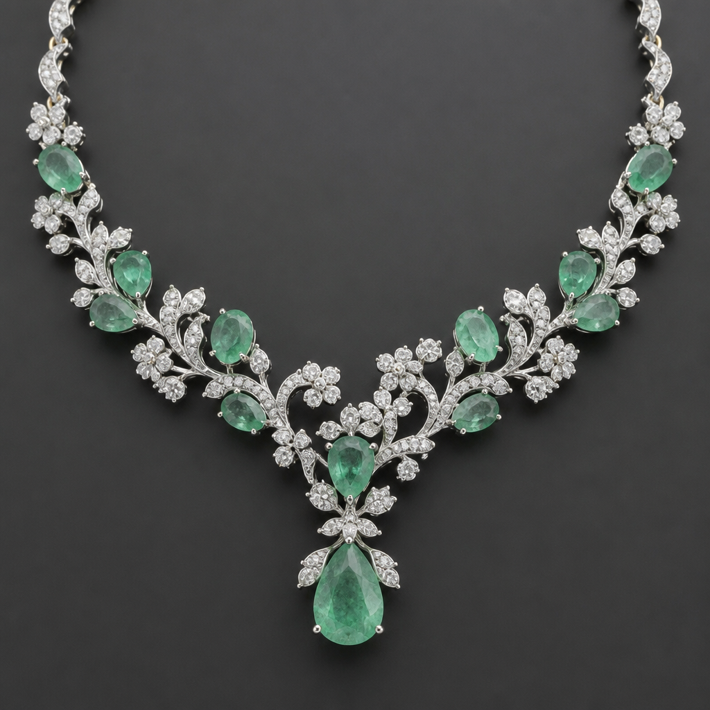 . Refinement: Tornar a esmeralda mais clara, por se tratar de uma esmeralda colombiana.
As flores devem ser mais delicadas.
photorealistic jewelry design, . Refinement: Tornar a esmeralda mais clara, por se tratar de uma esmeralda colombiana.
As flores devem ser mais delicadas., Luxury style, just the design no text