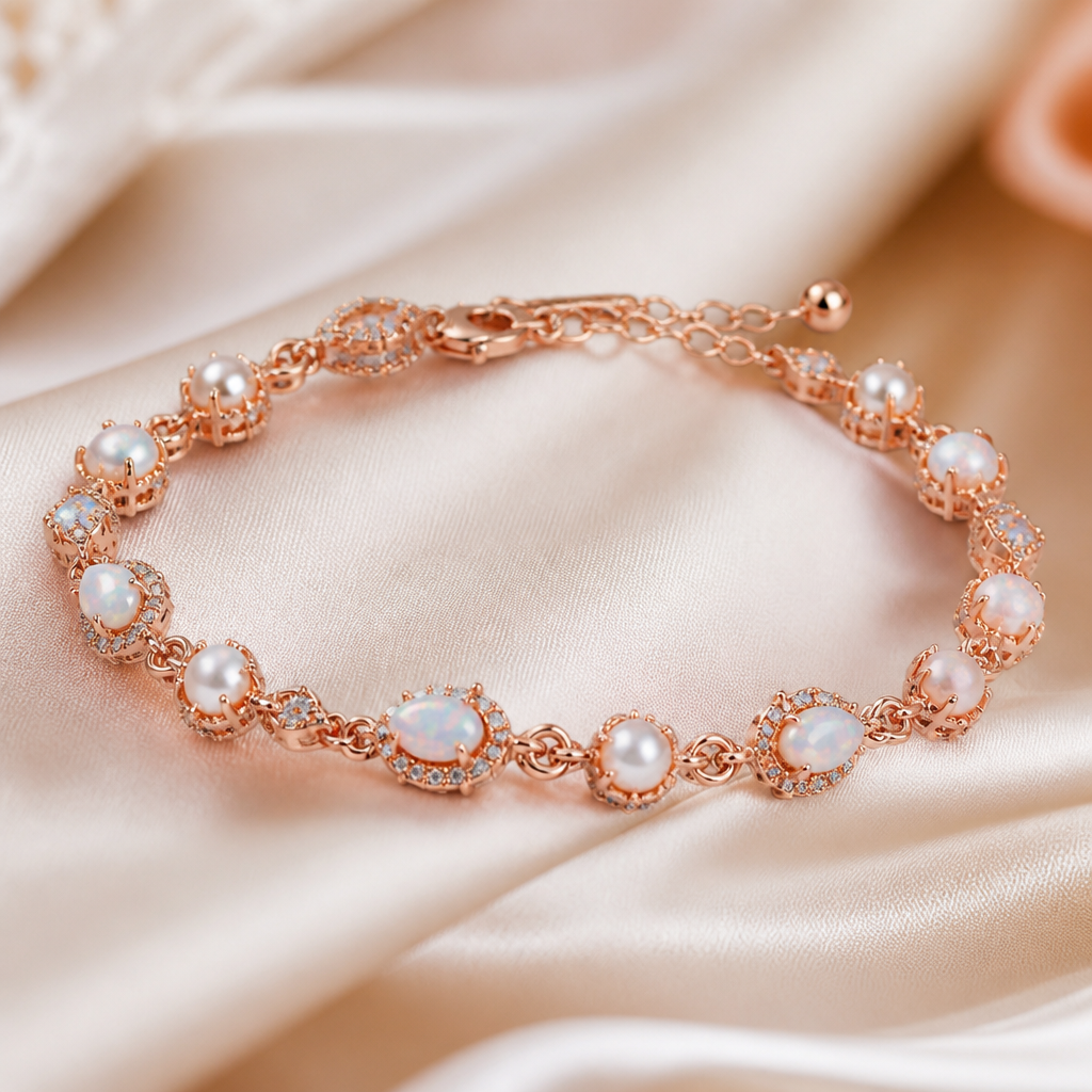 A luxury women's bracelet made of rose gold with pearl and opal stones suitable for engagement
photorealistic jewelry design, A luxury women's bracelet made of rose gold with pearl and opal stones suitable for engagement, luxury style, just the design no text