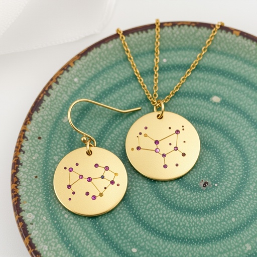 Серьги и кулон в одном стиле. Светлое матовое состаренное золото. На круге изобрежены созвездия. Очень маленькие сиреневые камушки. 