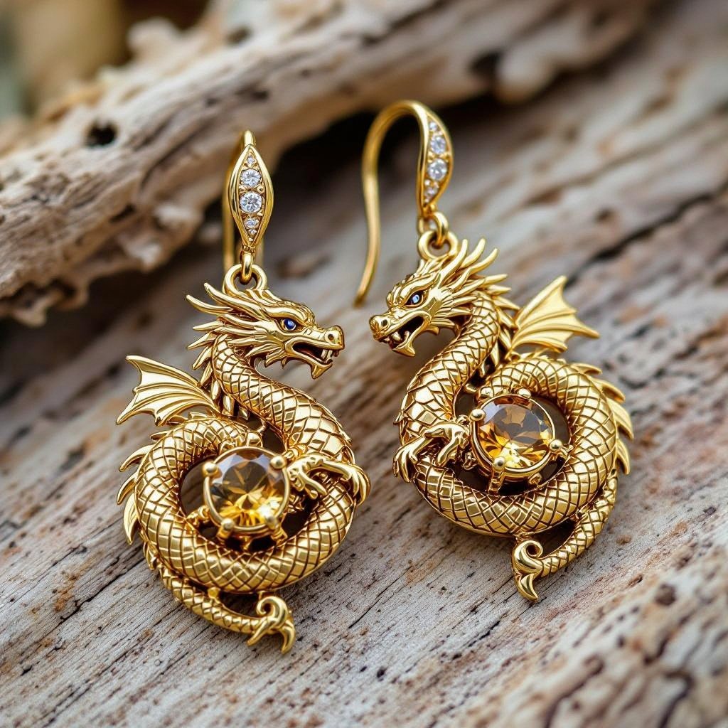 Золотые матовые серьги с изображением дракона узоры и камни мелкие раузтопаз