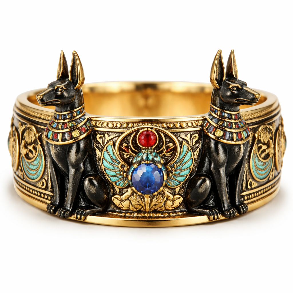 A gold band with Egyptian jackal guards on it
A gold band with Egyptian jackal guards on it , egyptian style