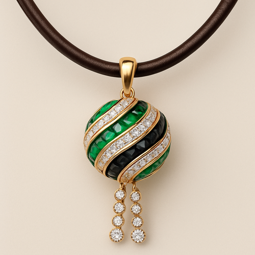 a 3d necklace on leather strap with diamond tassels in the end of the leather strap ball that has a swirl of slices  emerald black and diamonds  n pure ot yellow gold white gold 