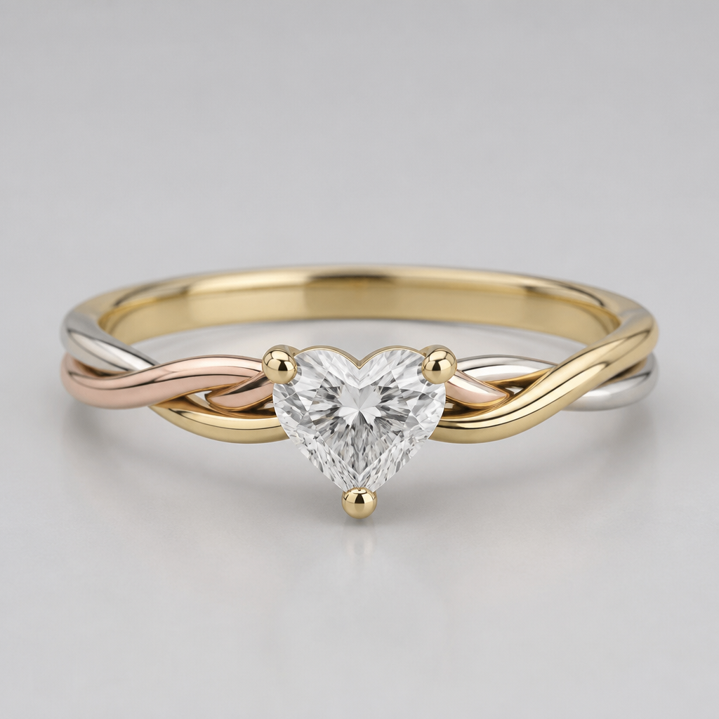 Genera un anello con un gambo intrecciato, composto da un filo di argento rosa e un filo d’oro. Il diamante incastonato al centro deve avere una forma a cuore, del peso di 0,25 carati, montato su un castone a quattro punte. La circonferenza interna del dito deve essere compresa tra 9 e 10 mm.
photorealistic jewelry design, Genera un anello con un gambo intrecciato, composto da un filo di argento rosa e un filo d’oro. Il diamante incastonato al centro deve avere una forma a cuore, del peso di 0,25 carati, montato su un castone a quattro punte. La circonferenza interna del dito deve essere compresa tra 9 e 10 mm., just the design no text