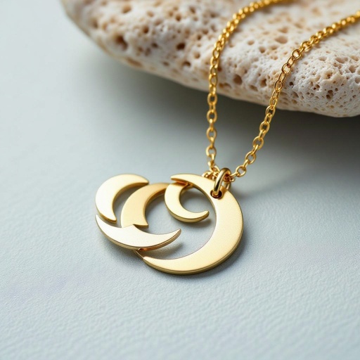 Подвеска из трех полумесяцев из матового неровного светлого золота с узорами соединенных цепочкой сверху самый широкий полукруг дальше средний и снизу самый маленький