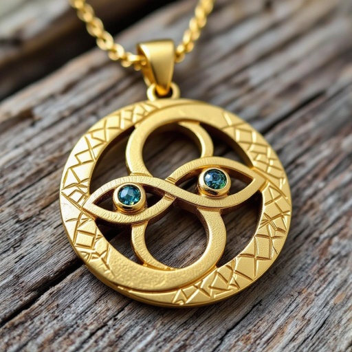 Подвеска из матового золота с узорами и мелкими необработанными матовыми камнями в форме двух пересекающихся окружностей и глаза между ними