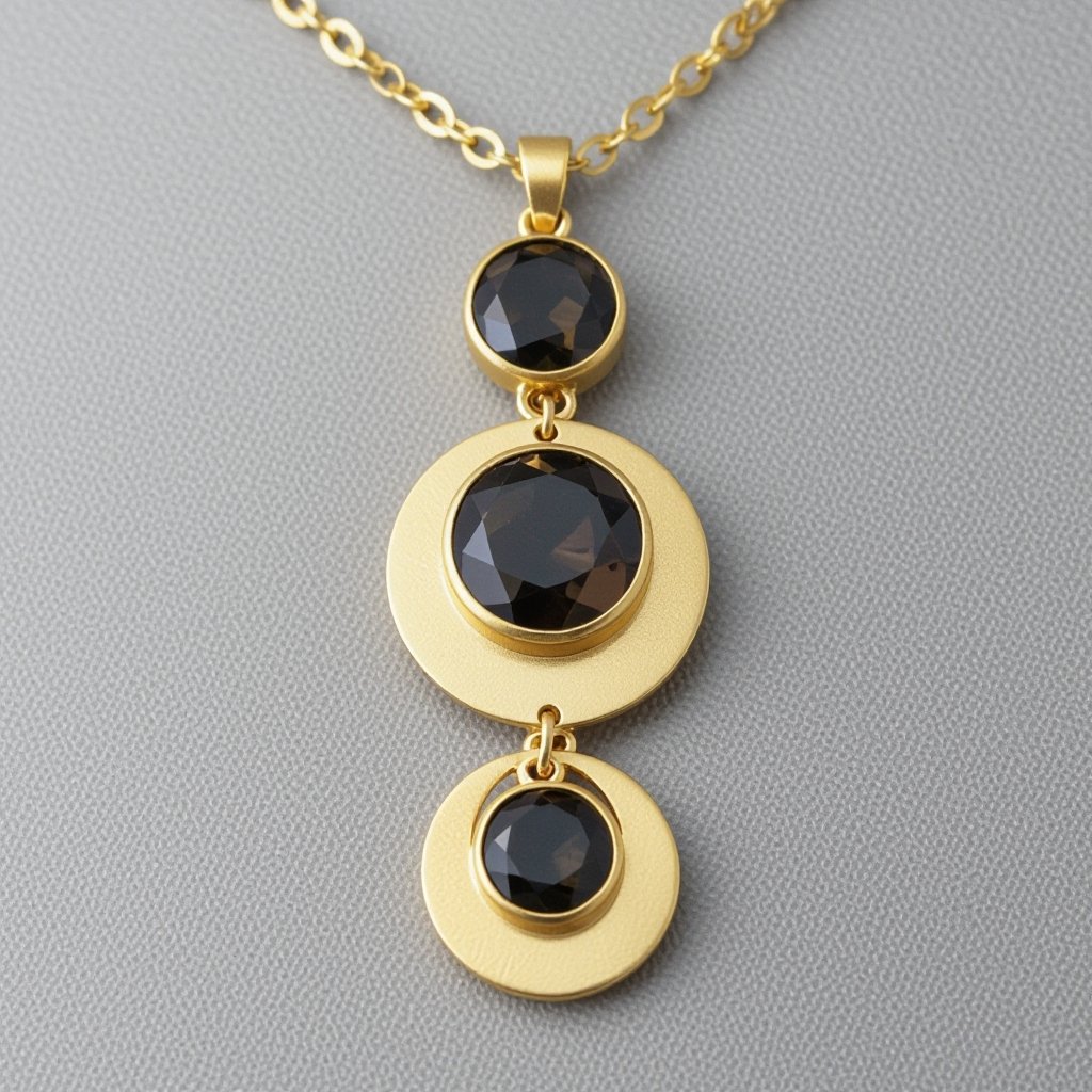 Подвеска из трех полумесяцев с узорами и камнями раухтопаза из матового неровного светлого золота с узорами соединенных цепочкой сверху самый широкий полукруг дальше средний и снизу самый маленький