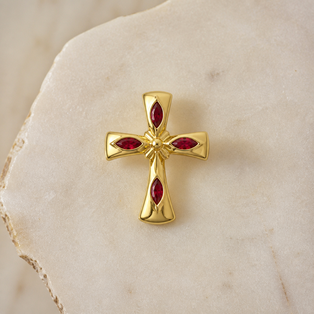 Dainty and feminine Gold cross with rubies, majority gold . Hidden bail
photorealistic jewelry design, Dainty and feminine Gold cross with rubies, majority gold . Hidden bail, contemporary style, just the design no text
