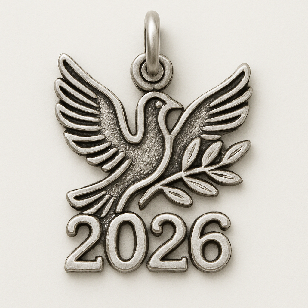 Slim Silver cut-out charm blending together only the two spread out wings of a bird, an olive branch and  along year 2026