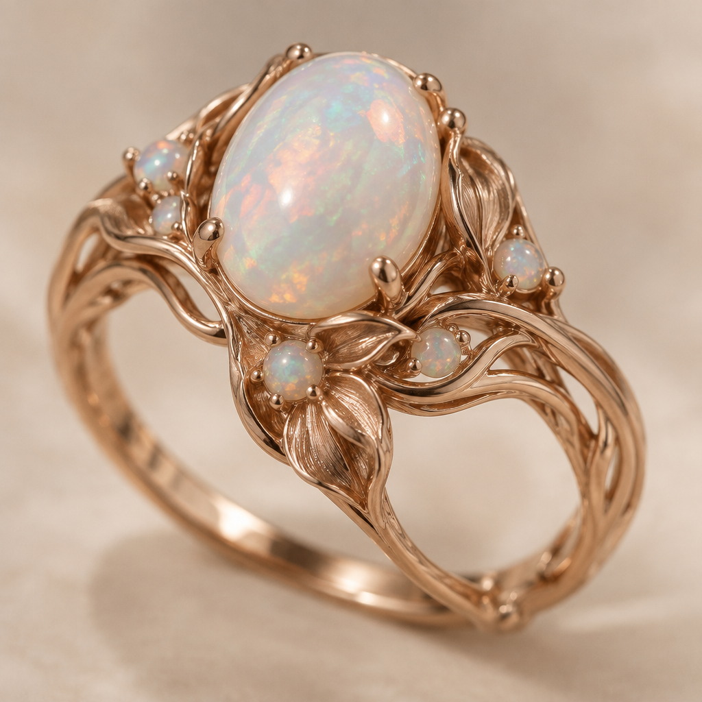 A art nouveau women's ring made of rose gold with opal stones suitable for engagement, detailed and decorative, moderately ornate
photorealistic jewelry design, A art nouveau women's ring made of rose gold with opal stones suitable for engagement, detailed and decorative, moderately ornate, art_nouveau style, just the design no text