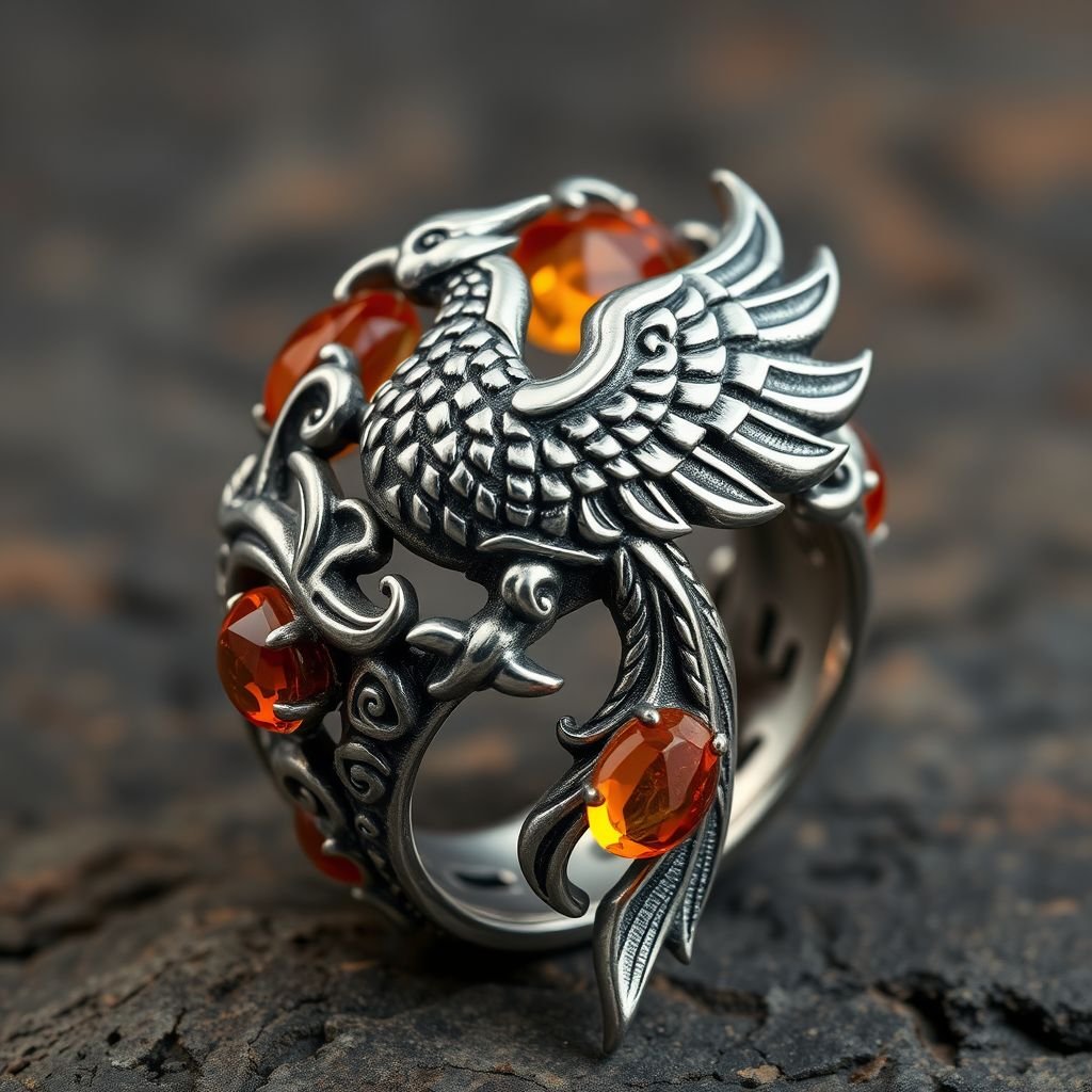 A silver segnit ring with a Celtic phoenix rising from the swirling flames on it 