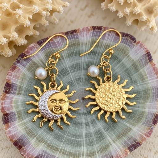 Золотые серьги словно мятое золото в форме солнца с волнистыми лучами крепится к застежке серьги. К нижней части солнца крепятся подвески: миниатюрная серебристая луна, очень маленький жемчуг и маленький золотой кружочек с мятым эффектом плоский