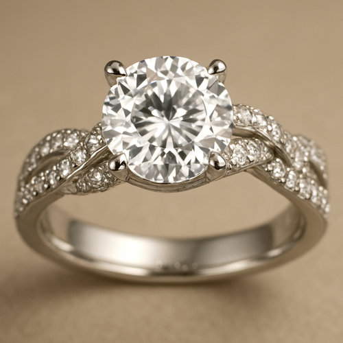 3 carat round solitaire with side diamonds and twisted pave band 