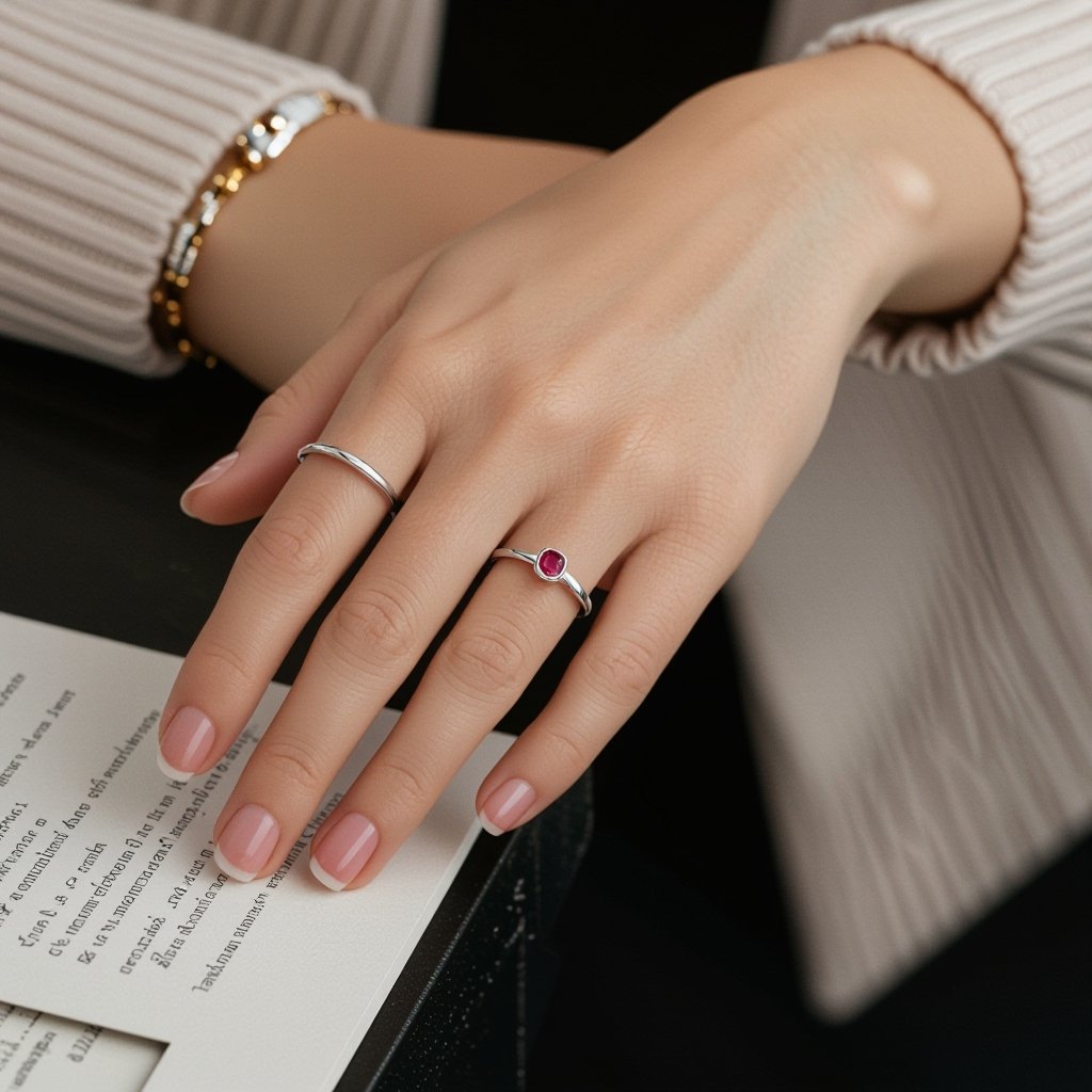 Red stone, silver, university ring for women