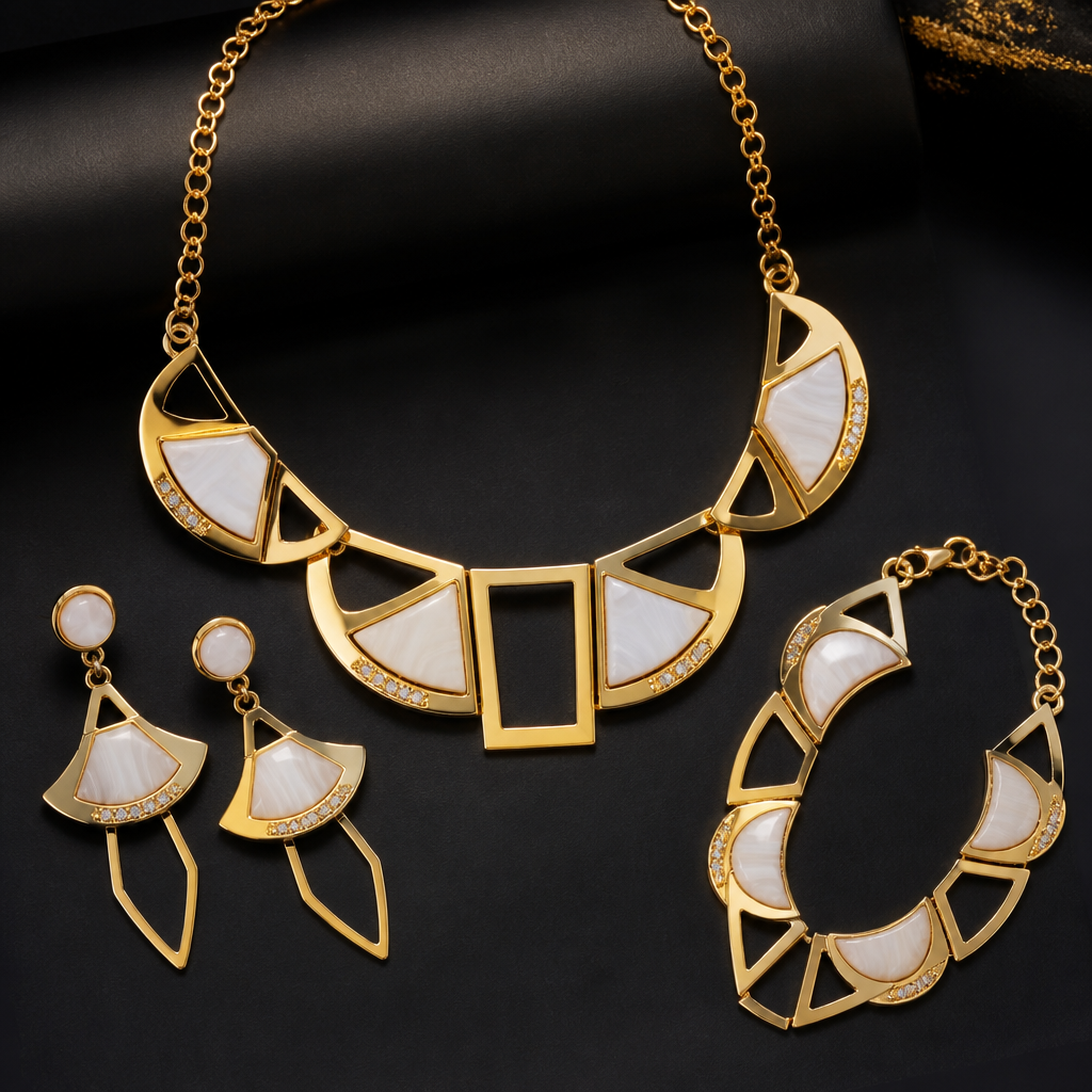 Prompt: Full jewelry suite made of authentic 21 karat gold. The set consists of a necklace, earrings, and a bracelet. Creative design blending semicircular gold plates with hollow geometric frames. Adorned with polished white agate and small sparkling white stones. High detail, luxury jewelry design, cinematic lighting, sharp focus on the textures of gold and white stones, isolated on a dark luxury background.
photorealistic jewelry design, Prompt: Full jewelry suite made of authentic 21 karat gold. The set consists of a necklace, earrings, and a bracelet. Creative design blending semicircular gold plates with hollow geometric frames. Adorned with polished white agate and small sparkling white stones. High detail, luxury jewelry design, cinematic lighting, sharp focus on the textures of gold and white stones, isolated on a dark luxury background., african style, just the design no text