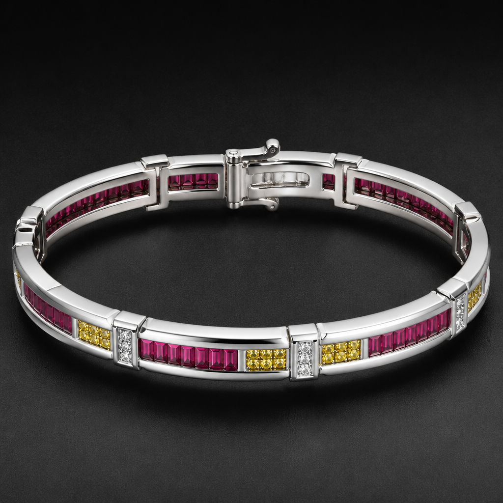 A men's bracelet made of white gold with diamond and ruby stones. una delicada pulsera con diamante amarillos y rubies
photorealistic jewelry design, A men's bracelet made of white gold with diamond and ruby stones. una delicada pulsera con diamante amarillos y rubies, modern style, just the design no text