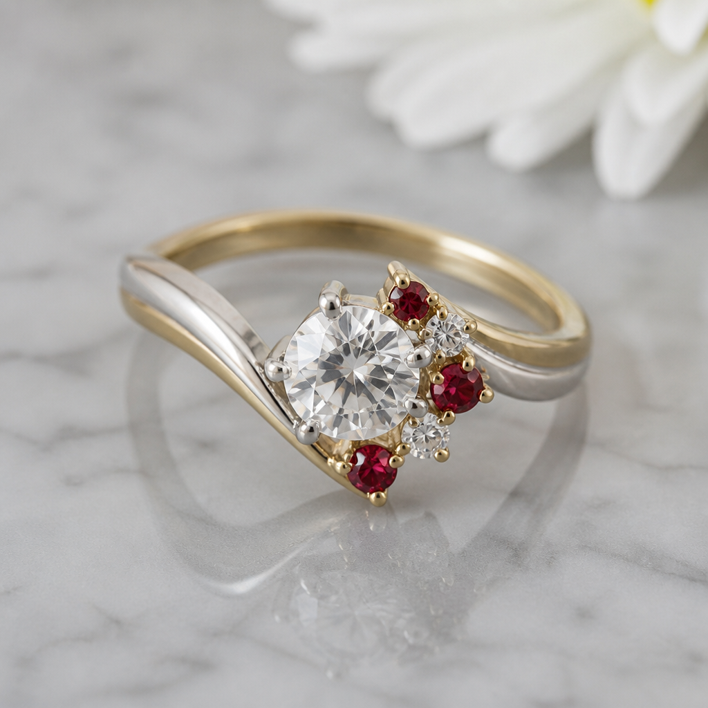 A romantic women's ring made of mixed metal with ruby and diamond stones suitable for daily wear. an understated romantic ring with mixed gold and silver band with a large diamond tipped asymmetrically with three small rubies and two small diamonds
photorealistic jewelry design, A romantic women's ring made of mixed metal with ruby and diamond stones suitable for daily wear. an understated romantic ring with mixed gold and silver band with a large diamond tipped asymmetrically with three small rubies and two small diamonds, romantic style, just the design no text