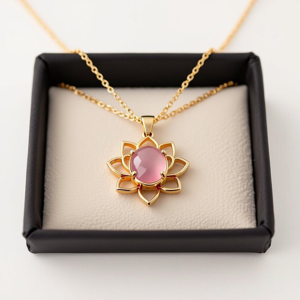 Золотая матовая цепочка. Подвеска лотос шесть лепестков не круглый . В сердце лотоса матовый розовый кварц овальный