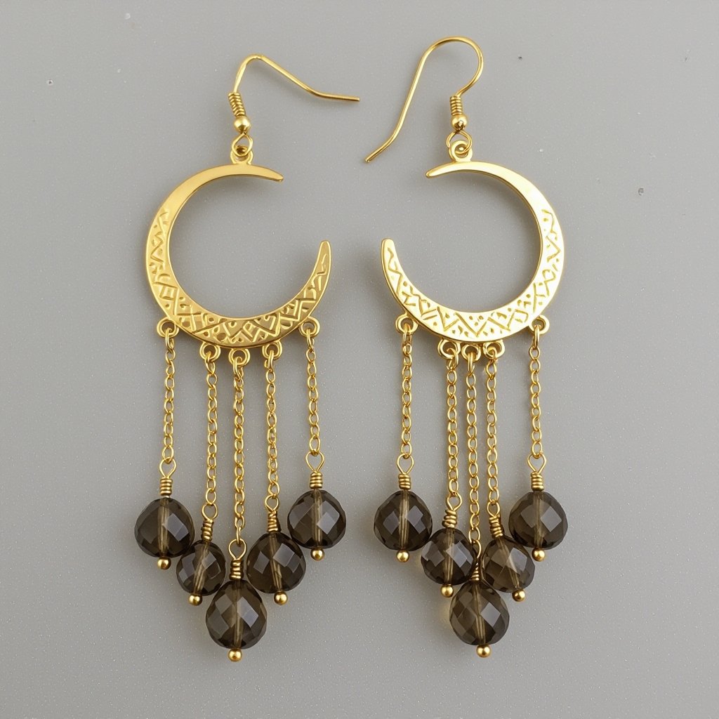 Золотые серьги полумесяц вертикальный 2 см, сверху крепится к швензе. От полумесяца идет три цепочки золотого цвета, у каждой на конце камушек раухтопаз