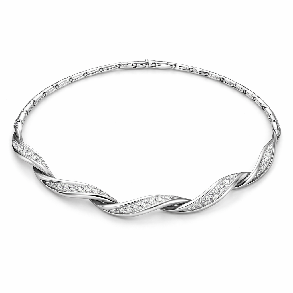 A twisted wire which is flat necklace with some small diamond on i,make ‘‘tis design with links to make it flexiblet.make only 4-5 twist