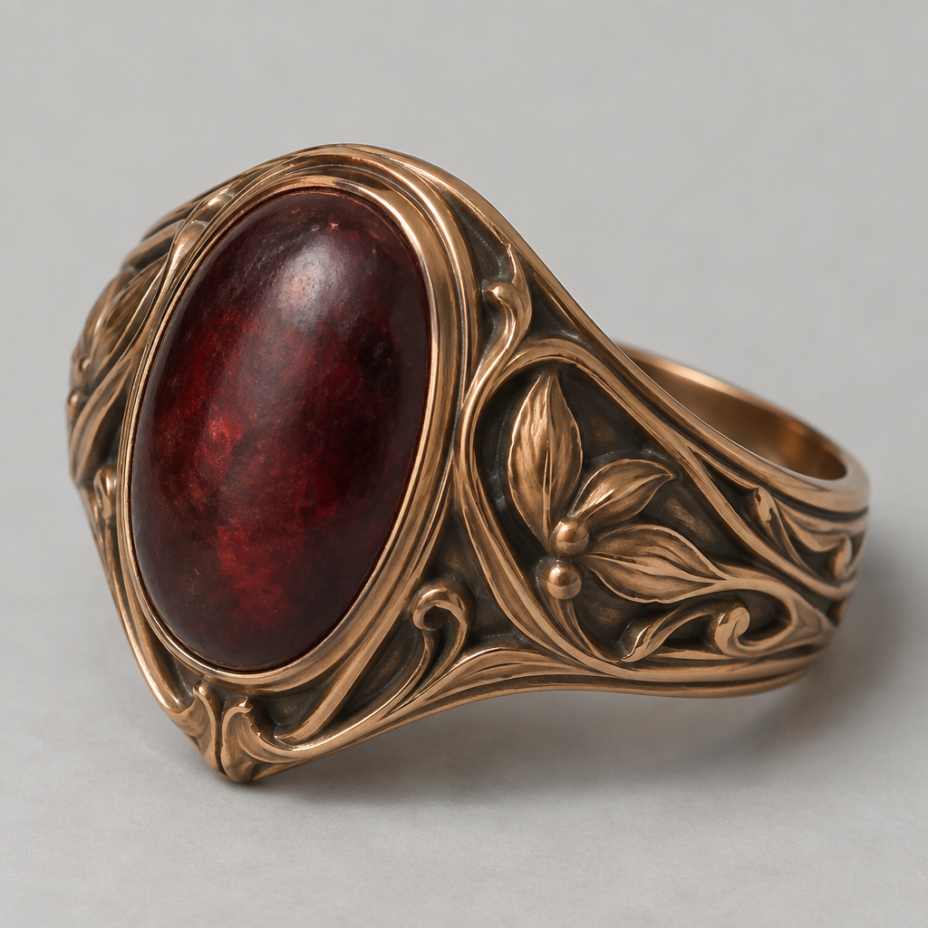 A art nouveau men's ring made of copper with garnet stones suitable for daily wear. Un anello con sigillo con un granato semi opaco e ovale, incastonato in una banda con un design floreale e fatto in ottone.
photorealistic jewelry design, A art nouveau men's ring made of copper with garnet stones suitable for daily wear. Un anello con sigillo con un granato semi opaco e ovale, incastonato in una banda con un design floreale e fatto in ottone., art_nouveau style, just the design no text
