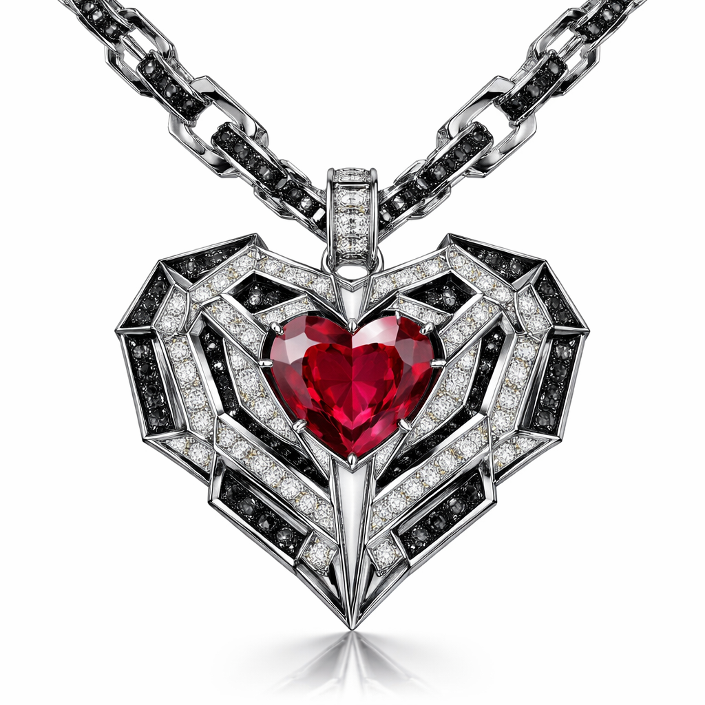 Geometric pendant of heart with chain of architecture shape and edges of bold style with white diamond and ruby of white background with black diamonds