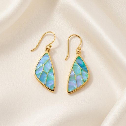 Серьги золотые в виде бирюзового с переливами половины крыла бабочки из перламутра 