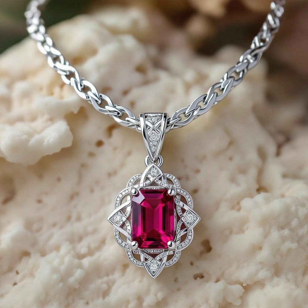  A celtic 50 carat necklace with VVS red emerald -cut  ruby gemstone and 18k silver chain