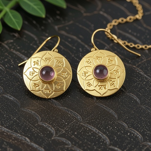 Gold-colored matte ring earrings. The diameter is 1 cm. Pendant in the form of a flat lotus with 6 petals. In the center of the lotus is a rose quartz stone. There are mantras in Sanskrit in small print on the petals.